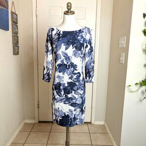 NWT Belle Badgley Mischka Taline Dress Size 8 Blue Floral Gold Metallic
